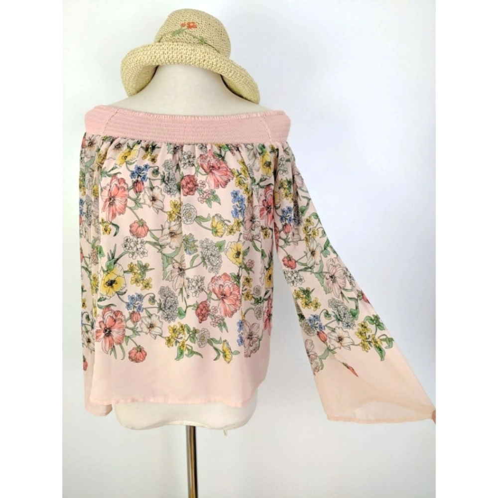 Shirred Off Shoulder Floral L Sleeve Top Small